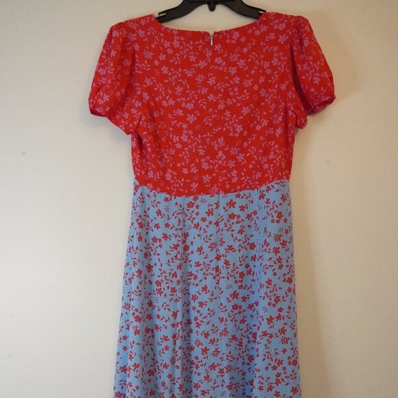 Likely, Raffa Floral Puff Sleeve Midi Slit Dress, Red, Light Blue Colorblock - Picture 4 of 7
